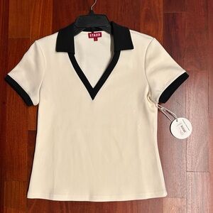 STAUD Women's Short Sleeve Cream and Black Top:  S
